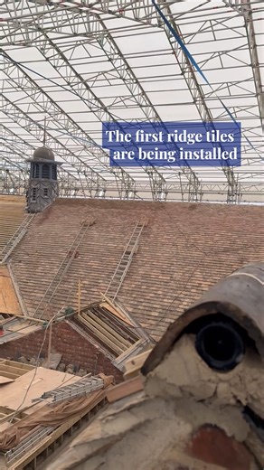Take a look at the first ridge tiles going onto Kettering Library 🙂 Known as “topping out”, Danny is installing them at the very top of one section of the roof. And the best part? They’re the original tiles from 1904 – still in great condition and still being used. Another milestone reached in the restoration of the Library and Alfred East Gallery. Carefully restored, from top to bottom❤️ North Northamptonshire Council / Friends of Kettering Library | Cornerstone Kettering