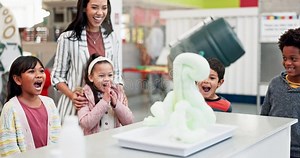 Science, Teacher and Chemistry Experiment in Classroom with Excited Children Learning about Chemical, Explosion or Stock Video - Video of applause, science: 288707997