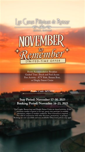 This November, all is bright at Las Casas. ✨🍃⁣⁣ ⁣⁣ Experience the season’s glow early with our November to Remember offer — breakfast, guided tours, beach pool access, and a FREE adventure activity of your choice.⁣⁣ ⁣⁣ Book from Nov 16–23,2025 with code MYNOV and start your bright holiday escape.⁣⁣ ⁣⁣ 🌟 Reserve now at www.lascasasfilipinas.com⁣⁣ ⁣⁣ #AllIsBrightAtLasCasas⁣⁣ #LasCasasFilipinasDeAcuzar | Las Casas Filipinas de Acuzar