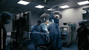 Multinational collaborative team of surgeons performing a surgical operation in the operating room of a modern hospital emergency department. Heart surgery.