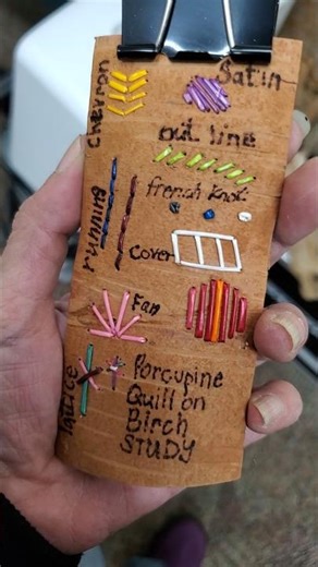 Porcupine quill weaving stitches on birch bark