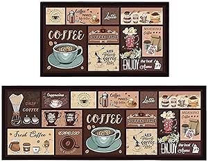 JWXCBIM Coffee Kitchen Rug 2 Piece Set, Farmhouse Style Decor Kitchen Floor Mat, Absorbent and Washable Runner Rug, Coffee Vintage Kitchen Decoration 17x30+17x47 Inches