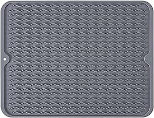 Silicone Dish Drying Mat, Non-Slip Easy Clean Sink Mat Large Heat-resistant Dish Drainer Mat for Kitchen Counter, Sink, Refrigerator or Drawer liner (16" x 12", GREY)
