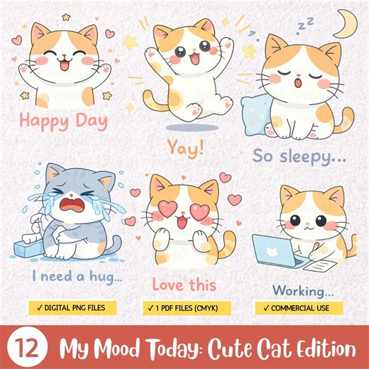 Cute Cat Clipart Set, Kawaii Mood Stickers PNG, Digital Planner Stickers, Funny Kitten Emotes, Commercial Use, Printable Journal Scrapbook - Etsy