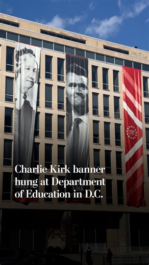 A banner featuring the image of the late Turning Point USA founder Charlie Kirk was seen at the Department of Education building in Washington, D.C., alongside images of Benjamin Franklin, Martin Luther King Jr., Anne Sullivan, Booker T. Washington and Catharine Beecher. One banner included the phrase “empowering our states to tell the stories of our heroes in American education.” The display commemorated the country's 250th birthday, according to text on some of the banners. | Washington Post