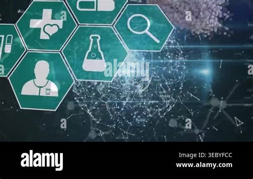 Animation of icons in hexagons over connected dots, globe with lens flare and abstract pattern. Digitally generated, hologram, globalization, medical, healthcare, light and technology concept Stock Video Footage - Alamy