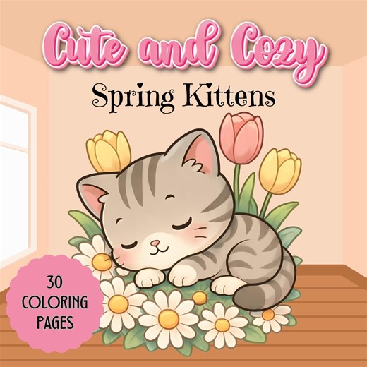 Spring Kittens Coloring Pages | Cozy Cat Illustrations for Kids (A4 PDF Download) - Etsy