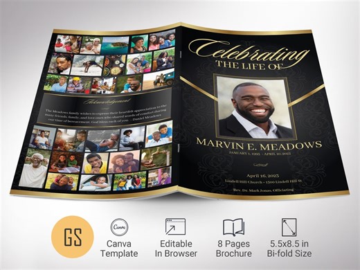 Black & Gold Funeral Program Template: 8 Page Celebration of Life Obituary (canva, 5.5x8.5 Bifold) - Etsy