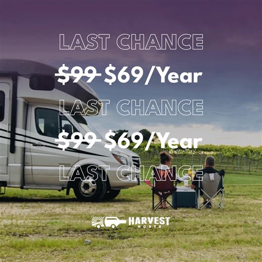 Join Harvest Hosts for just $69 and enjoy unlimited overnight RV stays at 5,500 farms, wineries, breweries, & other unique locations. And get so much more: ⛺️Unique, convenient, and quiet RV camping locations 🔌Electric and water hookups at many locations 🐶90% of hosts are pet-friendly 📱Easy to use app, find locations by filtering for your rig size, dates, and Host type ⭐️Thousands of Hosts with 5-star reviews 📅71% of locations allow extra nights ✅No camping fee applies to the first night Thi