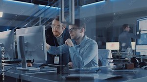 Electronics Development Engineer Uses Personal Computer Talks with Manager, Shows Project Details. Team of Professionals Use Digital Whiteboard with CAD Software for the Industrial Engineering Design