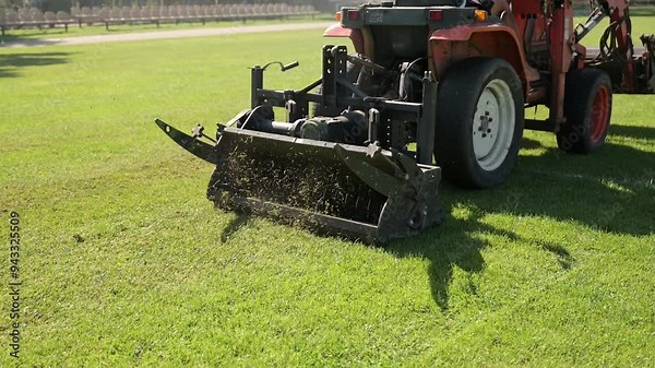 Close-Up Lawn tractor mowing lawn on backyard