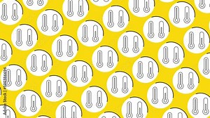 Thermometer icon in white circle with black dynamic line pattern on a yellow background. Seamless loop dynamic pattern with regular symbols rotating around