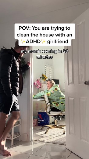 ADHD mixed with a lil ✨urgency✨equals task initiation 🤣 Tarah actually asks me to do this to help her get out of adhd paralysis… she jusy forgets that shes asked me to do it so it works every time. Ps I was also cleaning just paused to get little clips 💖 #adhdgirlfriend #adhdinwomen #funnycouple #couplecomedy #adhd