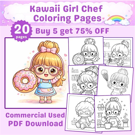 Kawaii Girl Chef Coloring Pages | Baking Theme Printable Book (commercial Use PDF) - Etsy
