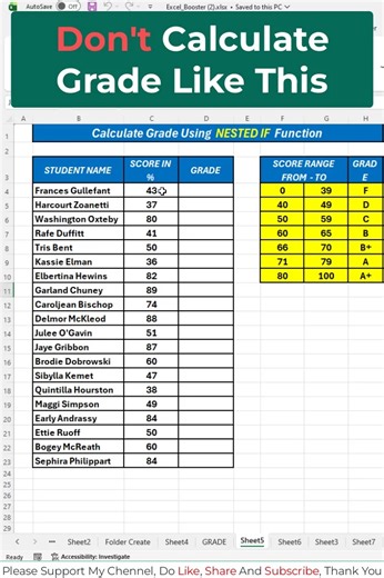 Excel Booster | Excel Guru on Instagram: "In this video, you will learn how to calculate grades in Excel using the Nested IF function step by step. This tutorial explains: What is Nested IF in Excel How to use multiple IF conditions Create a complete grading system in Excel Assign grades automatically based on marks This method is widely used for: Student result sheets School and college grading systems HR performance ratings Exam and assessment reports By the end of this tutorial, you will easi