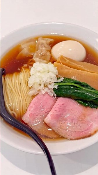 Japanese shoyu ramen! seafood and niboshi oil aroma with onion and spinach