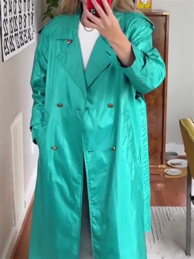 Vintage 80s Teal Trench Coat: Oversized Shiny Green Outerwear - Etsy
