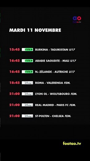 foot à la TV aujourd'hui mardi 11 novembre. Programme TV foot ce soir #foot #TV #match #ProgrammeTV