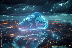 Cloud computing for data storage and transfer for safety, Cloud icon with data icon on the background world map, Futuristic technology global network data connection. Cybersecurity digital background
