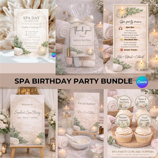 Spa Party Bundle Editable Canva Template | Spa Birthday Decorations Invitation Menu Favor Tags - Etsy