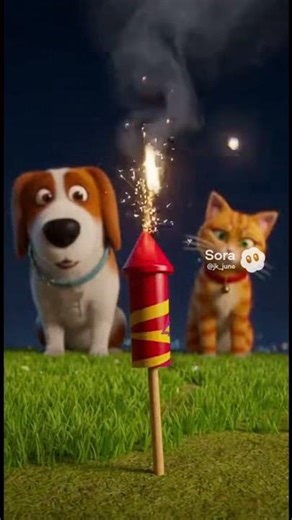 Fireworks + Cute Dog & Cat