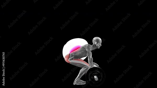 Barbell deadlift exercise demonstration with muscle identification - side view