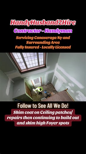 Skim coat on Ceiling patches/repairs then continuing to build out and skim high Foyer spots #contractor #handyman #drywallrepair #localcontractor #localhandyman