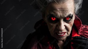 Сlose-up video of an elderly vampire with glowing red eyes, pale skin, and sharp fangs, dressed in a dark, gothic cloak. The vampire's menacing expression and intense gaze evoke horror and supernatura