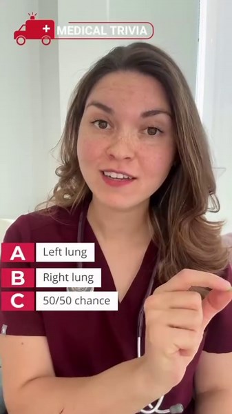 Dr. Siobhan Deshauer, MD, FRCPC on Instagram: "Medical Trivia! 🫁 Imagine you inhaled a pea while you’re eating! Which lung is it most likely to end up in? Correct Answer: RIGHT LUNG - Your trachea (windpipe) splits in two, bringing air to both lungs. The passage towards the right lung is wider and more vertical than the left! - Why? Because the path to the left lung has to go around the heart! - So your anatomy makes it more likely for the pea to end up in the right lung! #womeninmedicine #doct