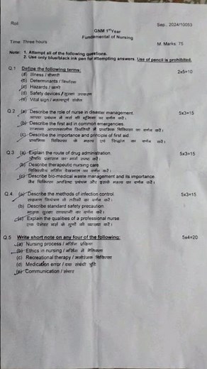 Fundamental of nursing question paper 2024 !! Gnm 1st year
