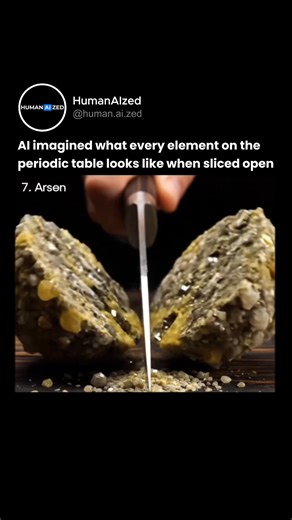 HumanAIzed | AI & Tech on Instagram: "AI imagined what every element on the periodic table looks like when sliced open This viral ASMR video uses AI to visualize the interior structure of each element as if they were physical objects being cut layer by layer. From molten mercury cores to crystalline carbon structures, each element gets a distinct visual identity based on its known chemical and physical properties. The AI interprets scientific data like atomic structure, density, conductivity, an