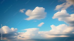 A time lapse video captures the serene dance of fluffy white clouds across a radiant blue sky. Atmospheric circulation concept. Nature stock footage. Timelapse. Cloud background. 4K UHD.