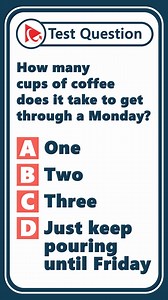 MONDAY IN THE OFFICE: HOW MANY CUPS TO SURVIVE? Remember - on Mondays, coffee isn’t just a drink—it’s a "lifesaver"! How many cups of coffee does it "really" take to survive a Monday? A) One B) Two C) Three D) Just keep pouring until Friday #corporatelife ____ Practice Job Interview and Hiring Assessment Tests: https://www.howtoanalyzedata.net/ Download FREE Sample Hiring Assessment Test Questions (PDF eBook): https://www.howtoanalyzedata.net/0fyb ____ LET'S CONNECT: - Subscribe on YouTube: http