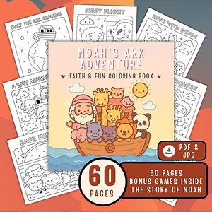 Noah’s Ark Coloring Book - the Great Flood - Kawaii Christian Printable PDF   JPG - Kids Homeschool & Sunday School Activity - Etsy
