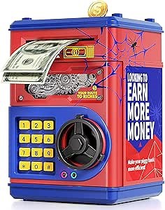 Piggy Bank for Kids Boys 5-13 with 4 Saving Record Cards, Kids Money Safe Banks for Real Money with 4-Digit Password, Electronic Piggy Bank Toys for Boys Girls with ATM-Style Cash Slot, Red Blue
