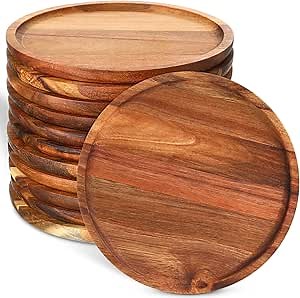 Rtteri 12 Pcs Acacia Round Dinner Plates Wood Tray Round Wooden Charger Plate for Sandwich Dishes Snack Dessert Salad Fruit, Easy Cleaning Lightweight, 8 Inch
