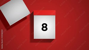 Red calendar on a red background, flipping through 31 days of the month. Pages are torn off and fly away to the left. Loopable computer generated animation including luma matte.