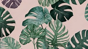 A repeating pattern of stylized tropical leaves in pastel shades—mint green, blush pink, and soft lavender—on a light neutral background, creating a fresh, tropical design for a relaxing wallpaper