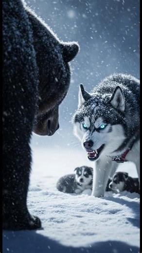 Brave Husky Fights Bear to Save Her Puppies in Snow #BraveHusky #HuskyRescue #HuskyVsBear