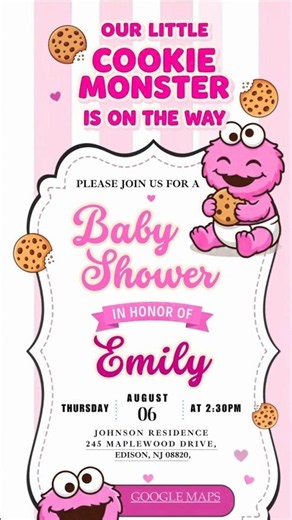 Pink Cookie Monster Baby Shower Invitation 🍪 Digital Website with RSVP #babyshower #girlbabyshower