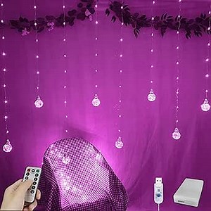 YOLIGHT Wishing Ball Curtain Lights 200 LED Window Curtain String Light with Remote, USB Battery Powered Twinkle Globe Fairy Lights for Wedding Party Bedroom Christmas Decoration (Pink)