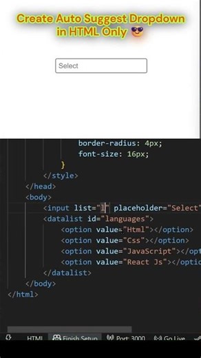 017 Create Auto Suggest Dropdown in HTML Only 😎 #webdevelopment #html #shorts