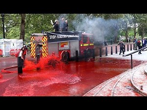 Extinction Rebellion spray 'fake blood' at the Treasury from fire engine