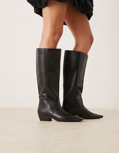 ASOS DESIGN Calais leather pointed flat knee boots in black | ASOS