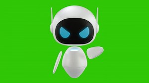 Cute 3D mini Robot character animation with angry movement while pointing his hand forward. Green screen background. Perfect looping. Artificial intelligence virtual assistant robot.