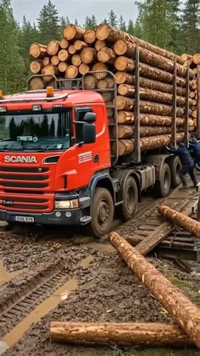 Fully Loaded Logging Truck Conquers a Muddy Bridge Crossing #truck #offroad #shorts