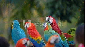 Blue and gold macaw and Scarlet Macaw (Ara macao) greenwing parrot show in the park