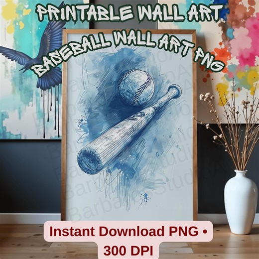 Baseball Wall Art PNG| Sports Poster Printable| Blue Sketch Illustration| Minimal Athletic Decor| Instant Digital Download |baseball Bat Art - Etsy