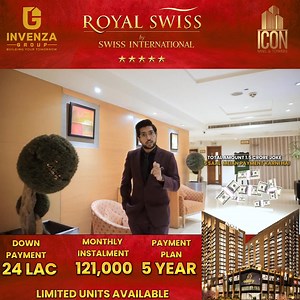 Officially Launch of Royal Swiss 5-Star Hotel at ICON MALL& TOWERS We are delighted to announce the grand launch of royal Swiss International Hotel Chain at lcon Mall & Towers. The Royal Swiss International Hotel Chain brings 5-Star living to Icon Mall & Towers. Choose your dream room: Comfort | Deluxe | Executive | Presidential Suite ✅5 Star Luxury Room with Furnished Equipments ✅ 4th Biggest Mall in Lahore ✅ 50 Amenities | 30 Local & International Brands ✅ 5 Year Payment Plan ✅ 35% Constructio