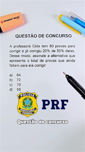 Gabriela Rodrigues on Instagram: "ESSA QUESTÃO REPROVA QUEM NÃO LÊ COM CALMA 📉 80 provas no total. 50% delas formam um grupo. E só 20% desse grupo foi corrigido. Percebeu? Não é “20% de 80”. Não é “50% de 80”. É uma porcentagem dentro da outra. 🧠 Se você entendeu isso, o resto é só matemática básica. Você acertaria? #raciociniologico #matematica #concurso #PF #policiafederal"